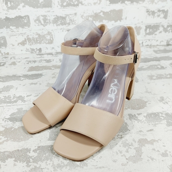 New Calvin Klein Quelyn Tan Leather Block Heel Sandals F932 - Picture 2 of 13